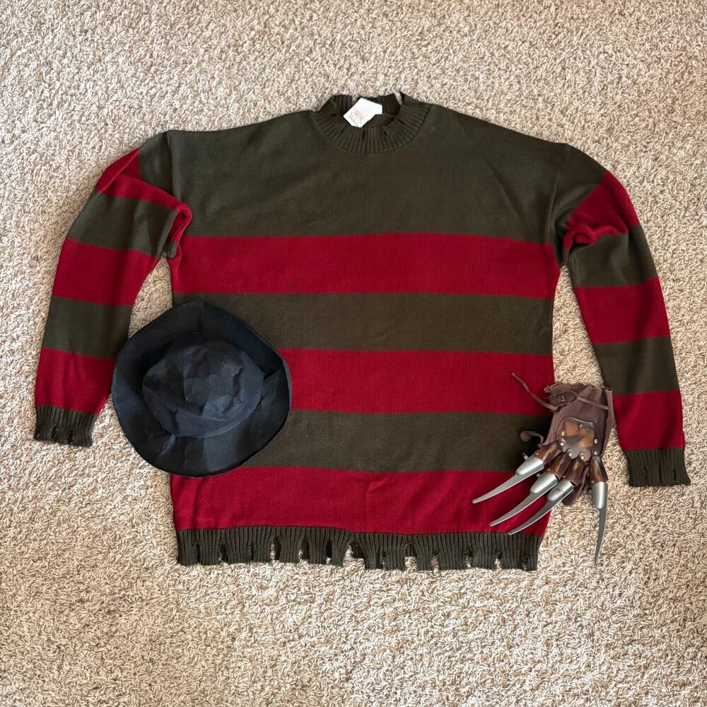 Adult Nightmare on Elm Street Freddy Krueger Costume Set Hat Claw Sweater XL